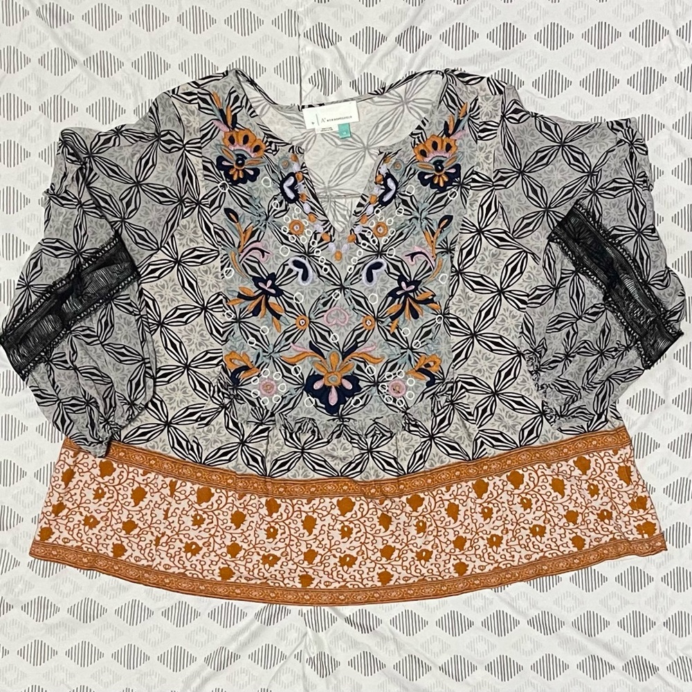 Anthropologie Floral Embroidered Boho Blouse in Black, White & Mustard